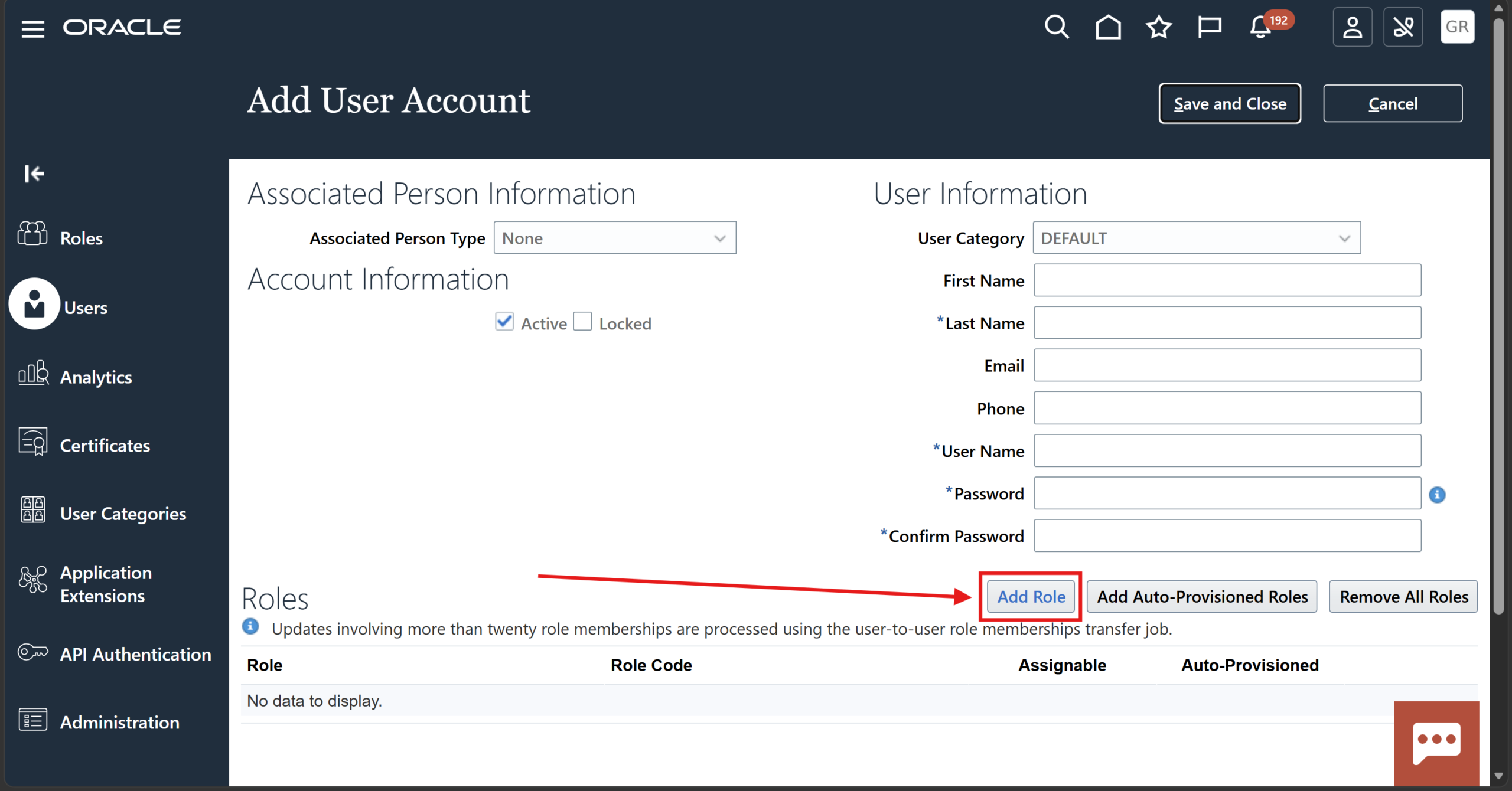Add Role to New User Account
