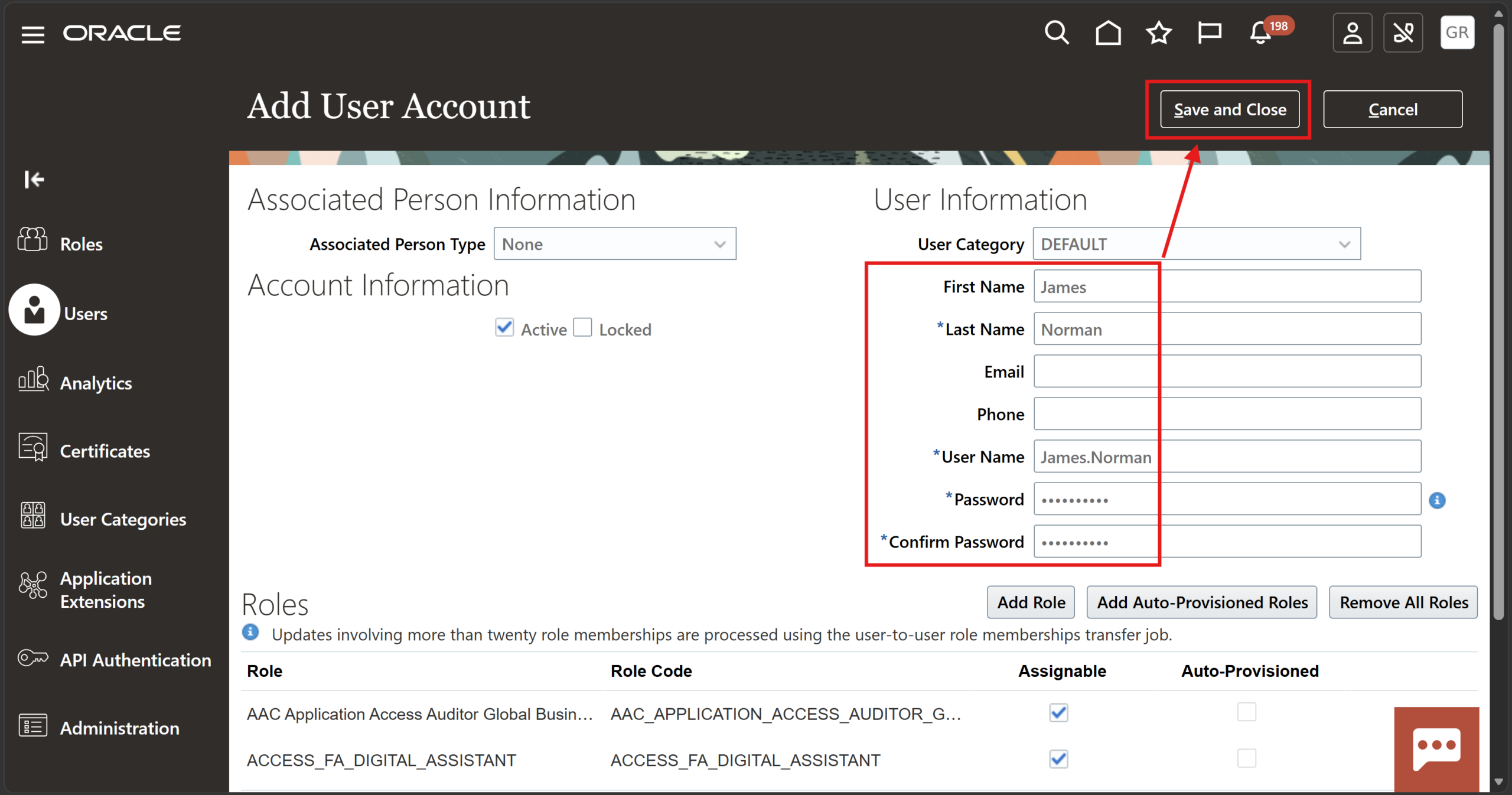 Create User and Save Role Assignments